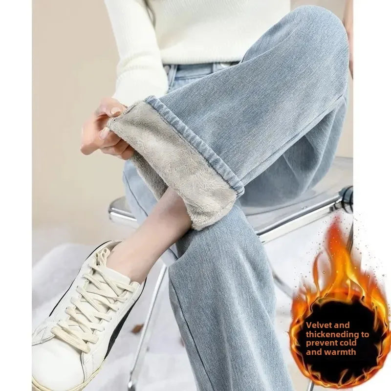 Thickened Fleece-lined Women's Jeans Winter Hong Kong Style Straight-leg Loose-fit Pants New Arrival Petite Wide-leg Denim