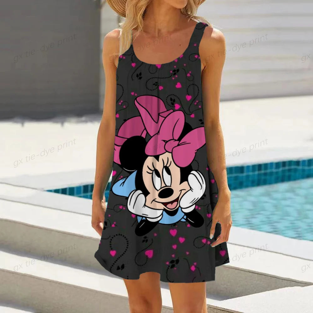 Minnie Mouse Elegant Dresses For Women Woman 2024 Disney Beach Dress Mickey Dress Fashion Top Print Casual Loose Oversized Dyr - Seprincess