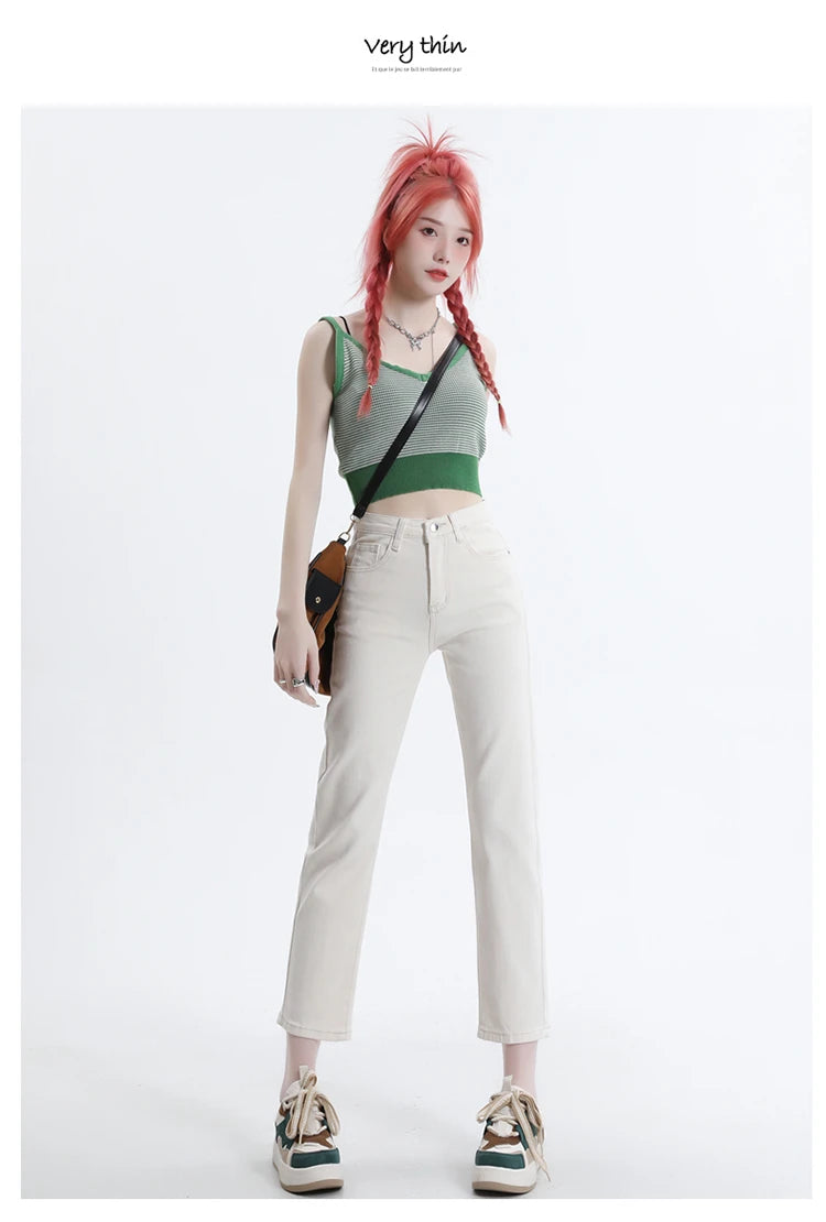 High Waisted Straight Slim Elastic Denim Jeans For Women Smoke Pipe 9,8 Pants Casual Brand Sexy Trousers Female