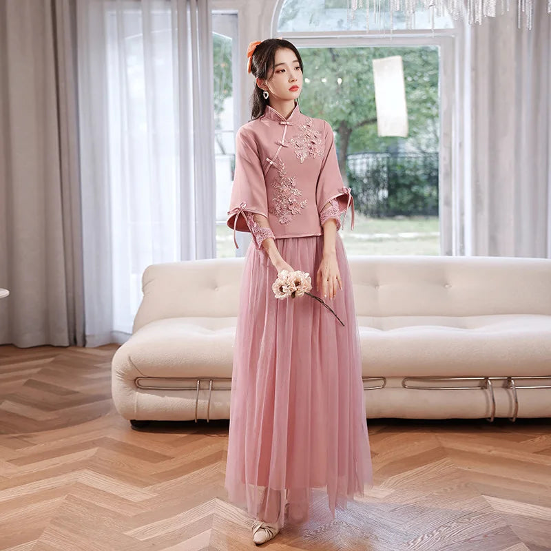 Chinese Wedding Dresses Qipao Traditional Bridesmaid Elegant Khaki Pink Cheongsam Modern Three Quarter Sleeves Outfits for Girls - Seprincess