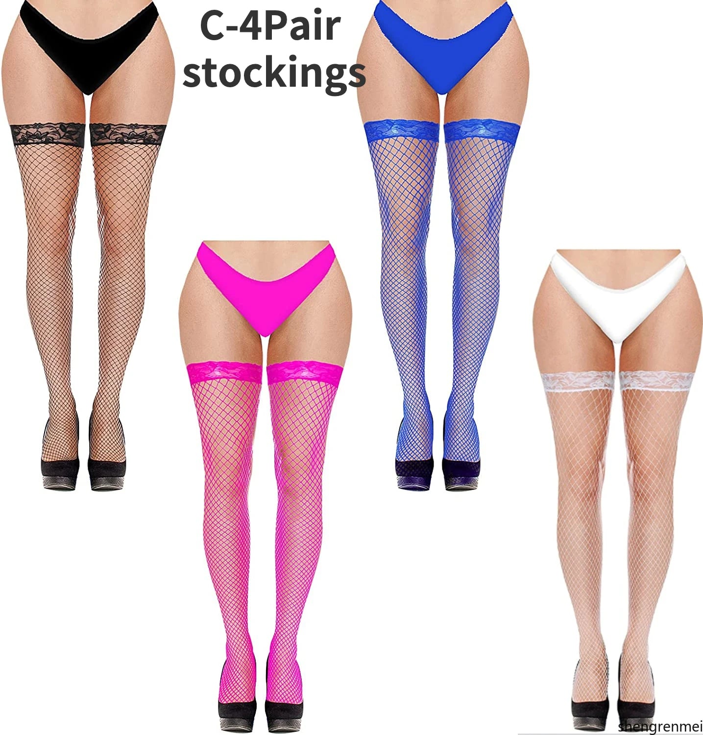 4 Pairs Women Stockings Fishnet Thigh High Top Over The Knee Stocking Sexy Women's Stockings with Lace Top Hosiery Club Wear