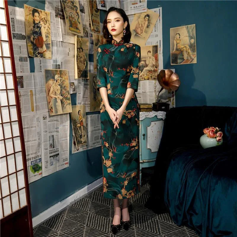 Old Shanghai Green Slim Cheongsam Spring Summer 2024 New Vintage Chinese Style Temperament Young Girl Short Sleeve Qipao Dress - Seprincess