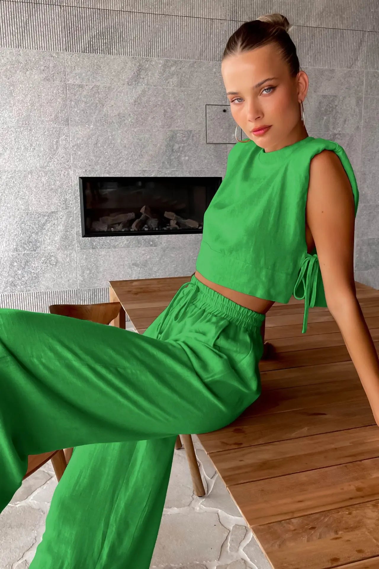 Women Holiday Linen Pant Set Crop Tops Solid Outfits 2 Two Piece Matching Set for Women Sleeveless Casuals Fashion Summer 2023