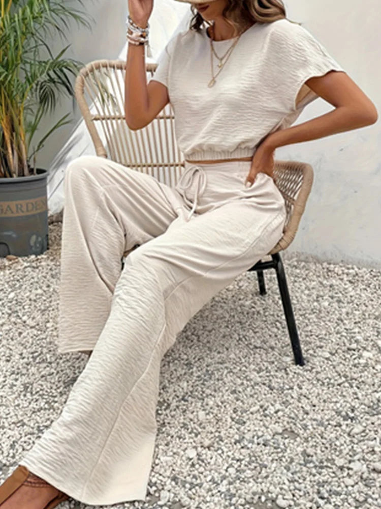 2024 Summer Soild Apricot Color Two Piece Set Women Casual Slash Neck Short Tops + High Waist Wide Leg Pants Female Suit New - Seprincess