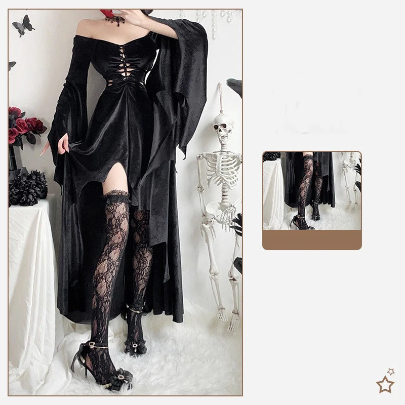 Harajuku Gothic Halloween Costumes Witch Dress Black Vintage Flare Long Sleeve Vampire Bride Outfit Cosplay Death Black Dresses - Seprincess