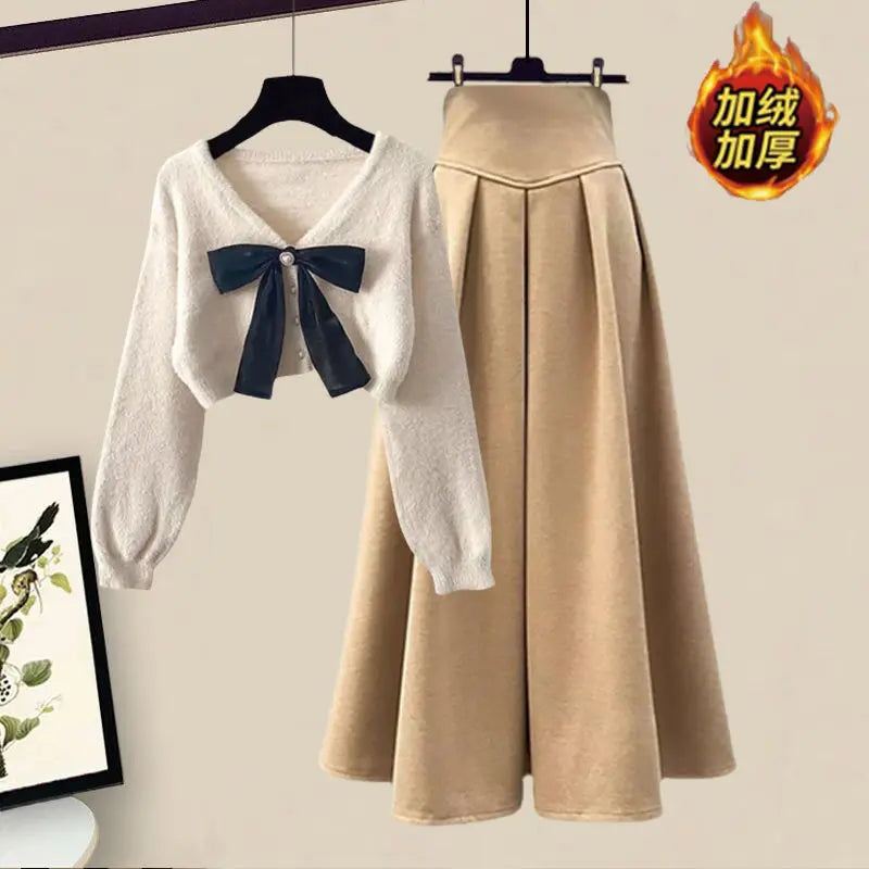 Korean Fashion Casual Skirt Sets Knitted Pullover+ Slim Umbrella Skirt Two Piece Set Plus Size Clothing - Seprincess