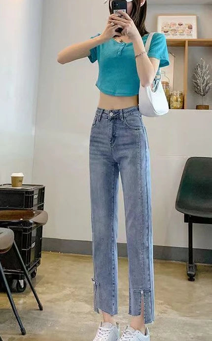 Pearl with Decorations Trousers Blue Cropped Straight Leg Women's Jeans Black and Capris High Waist Shot Short Japanese Y2k A R