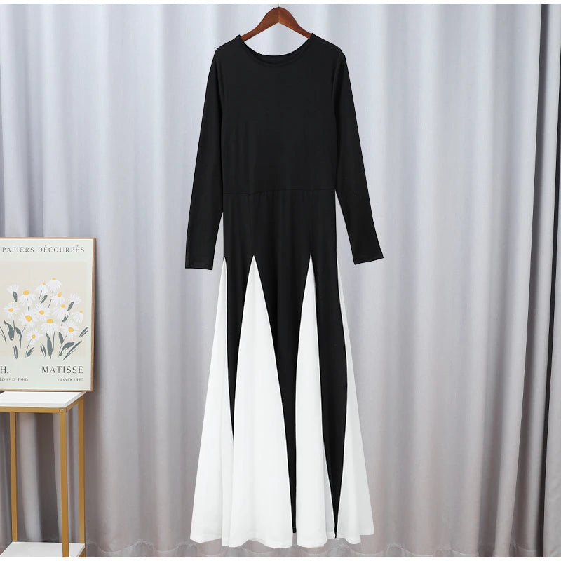 Elegant Black White Patchwork Maxi Dresses Women Fashion O-neck Long Sleeves Slim Dress New Female Evening Party Robes - Seprincess