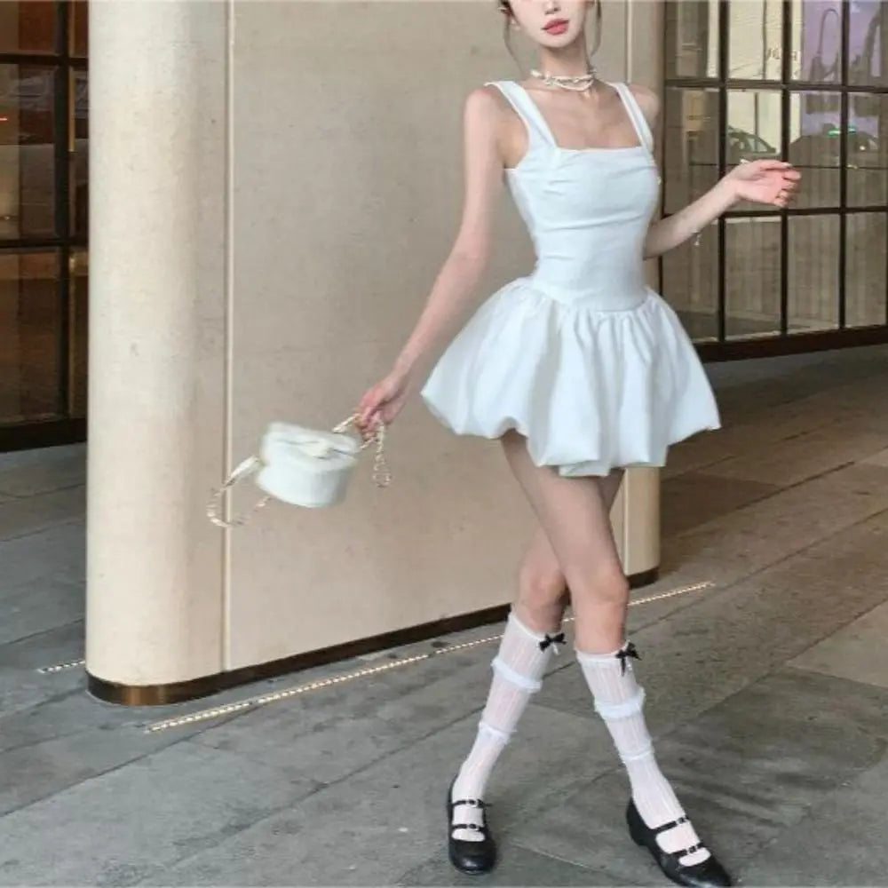 Elegant French Style Camisole Dress Sleeveless Slim Fit Short Dress Black White Puffy Dress Women Girl - Seprincess