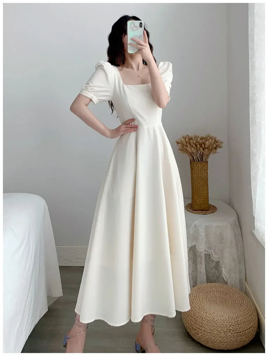 Elegant White Puff Sleeve Square Collar Dress Women's Waist-fitted Long Dress Slimming Effect Summer - Seprincess