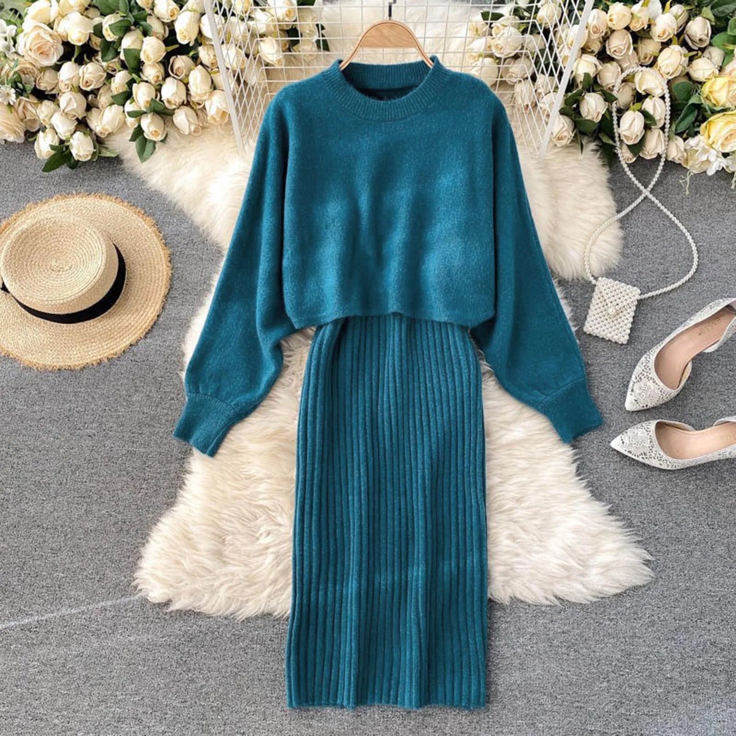 Women Autumn Winter Long Sleeve Knitted Solid Slim Elegance Tops Elastic Lazy Solid Color Knitted Dress Two Piece Dresses - Seprincess