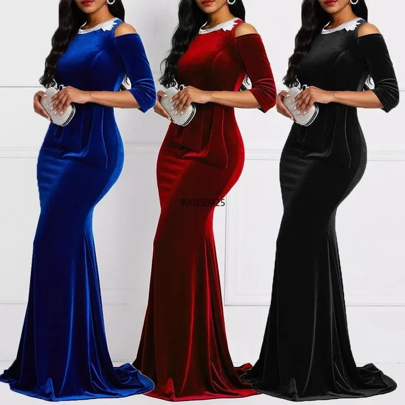 Summer Dress Women 2023 Velvet Mermaid Fashion Ankara Red Dress Vetement Femme Robe Ladies Black Sexy Floor Length - Seprincess