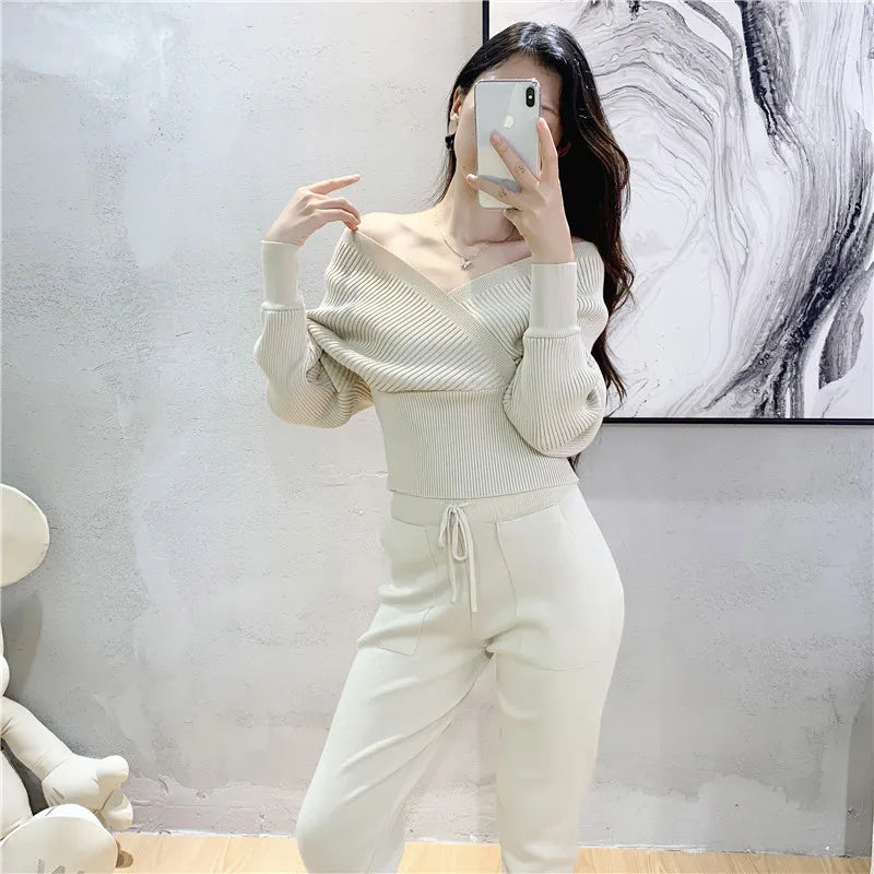 Elegant Tracksuit Sexy Two Piece Set Women Korean Style Ribbed Knitted Backless Top And Long Harem Pant Suit Autumn Outfits y2k - Seprincess