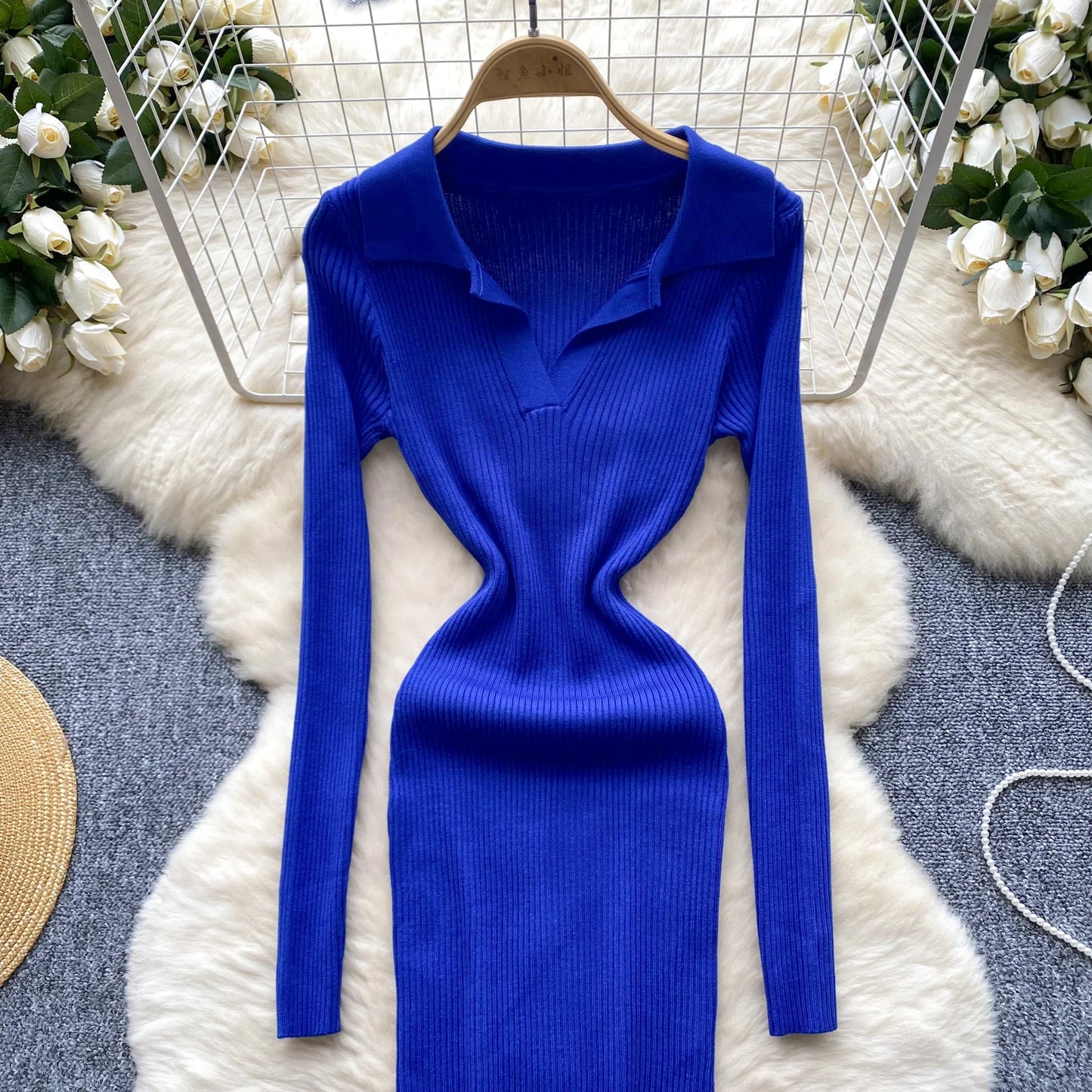 SINGREINY French Vintage Sweater Dress 2024 Ladies Lapel Long Sleeves Autumn Fashion Solid Basics Bodycon Knitted Long Dress