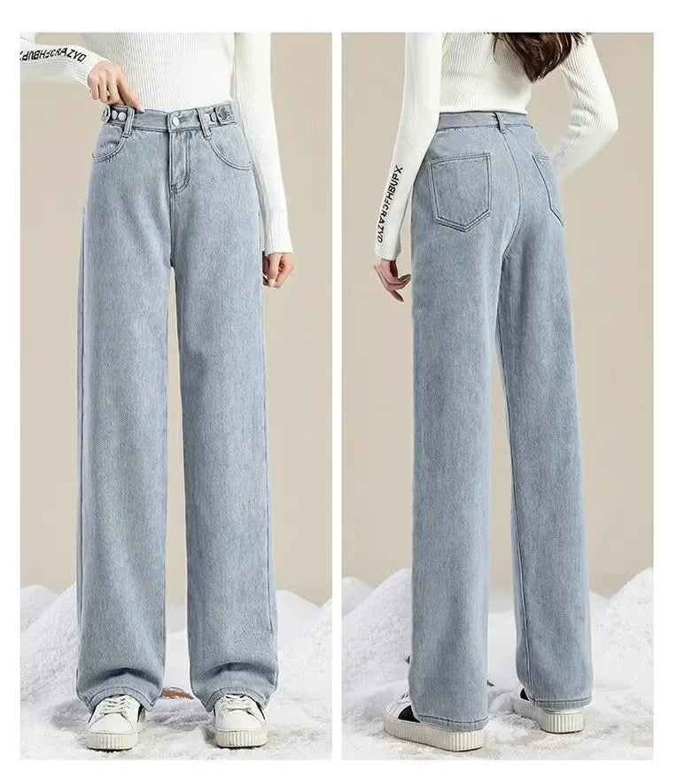 Thickened Fleece-Lined Warm Straight-Leg Jeans Design Adjustable High-Waisted Slimming Bell Bottoms Winter New Arrival