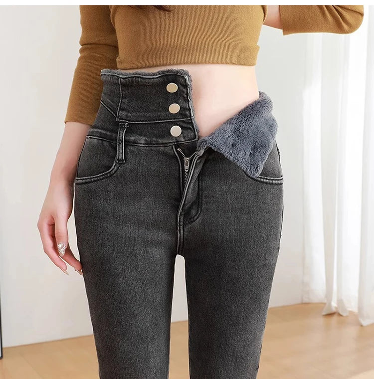 Epligg Thermal Winter Thick Women Stretch Button Pencil Pants Velvet Casual Jeans Thick Fleece High-waist Warm Skinny Jeans