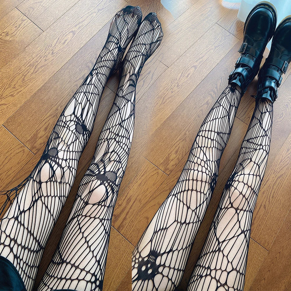 Hollow Out Mesh Tight Stockings Halloween Fishnet Sexy Pantyhose Skull Spider Web Patterned Nylon Stretchy Gothic Dark Pantyhose