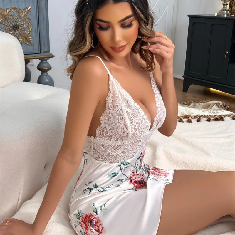 lingerie Lace rose suspender deep V-shaped silk nightgown Held sexy open crotch xxx Underwear women Sexy costume - Seprincess