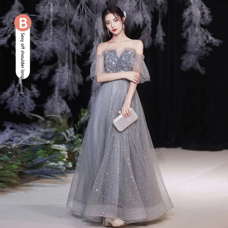 Grey Bridesmaid Evening Dress Women Off Shoulder Sequins Wedding Party Vestidos Fairy Temperament Sisters Group Gown Summer - Seprincess