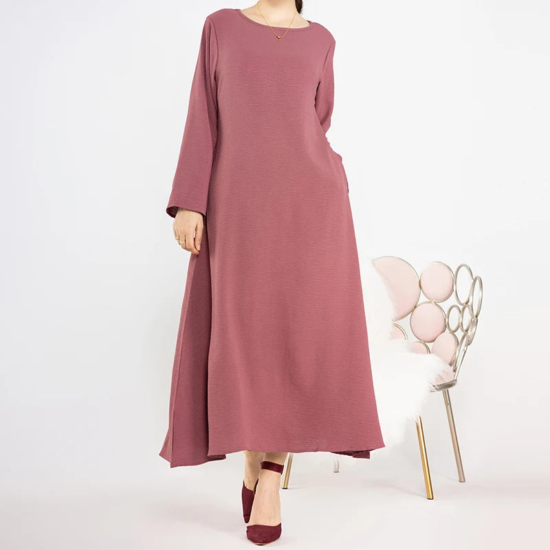 New Abaya Under Dress Long Sleeve With Pockets High Quality Jazz Crepe EID Muslim Women Basic Solid Modest Maxi Islamic Clothing - Seprincess