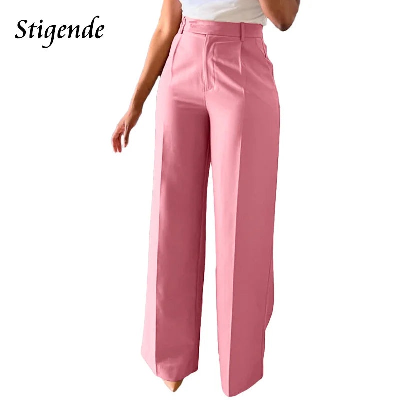 Stigende Wide Leg Straight Dress Pants with Pocket Women Plain Color Business Casual Pants Loose Fit Midi Waist Office Trousers