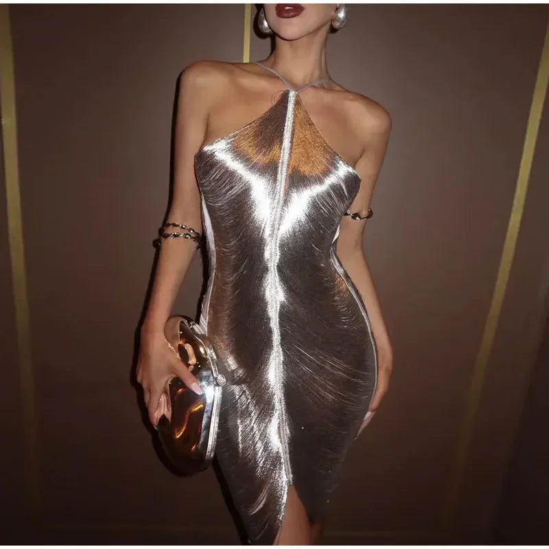 Sexy Hanging Neck Metallic Short Dress Women Fashion Off Shoulder Backless Shiny Dresses Elegant Female Evening Party Vestidos - Seprincess