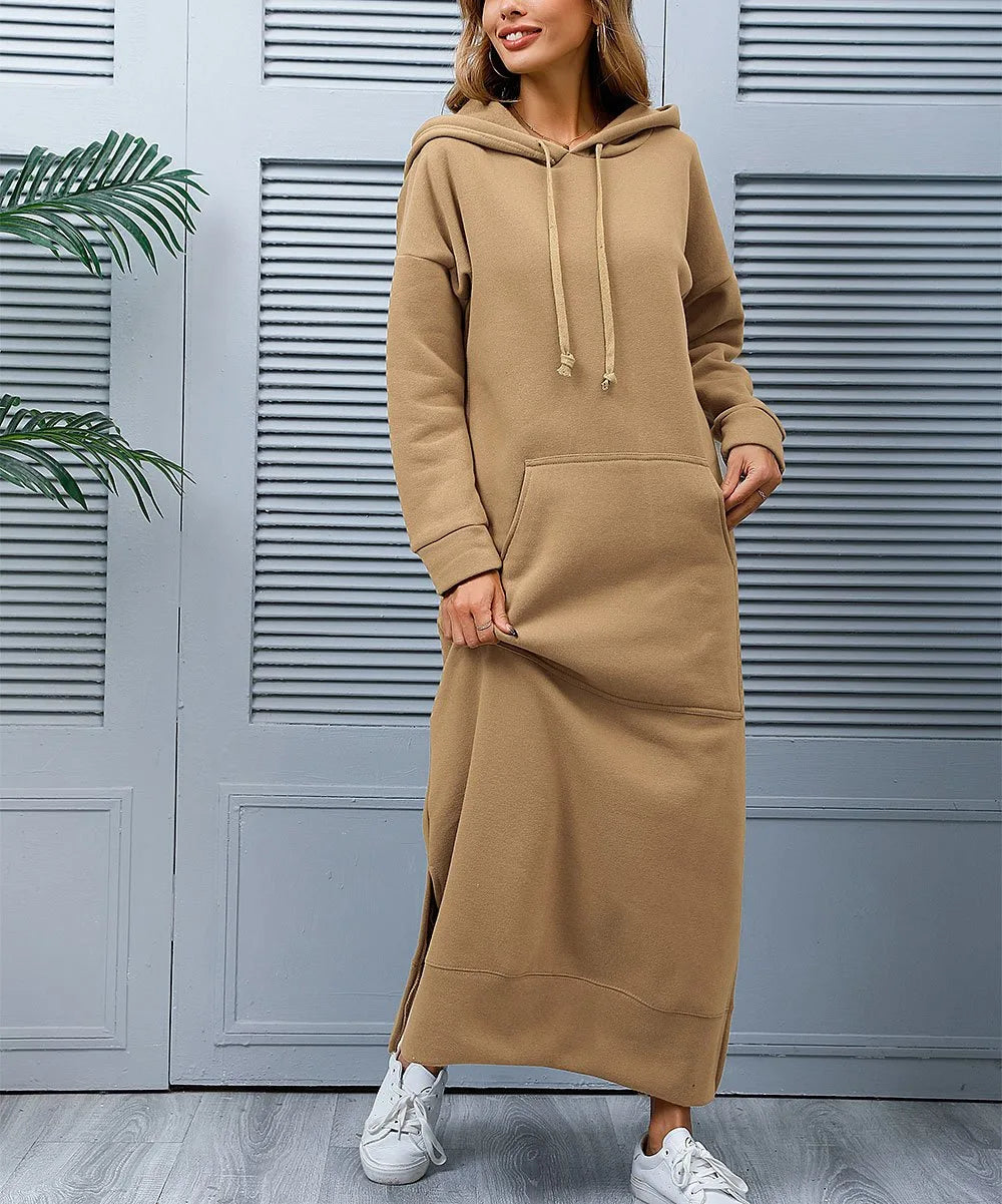 Autumn Winter Women's Loose Knitted Hooded Long Dress Plush Warm Casual Large Pocket Dresses For Women