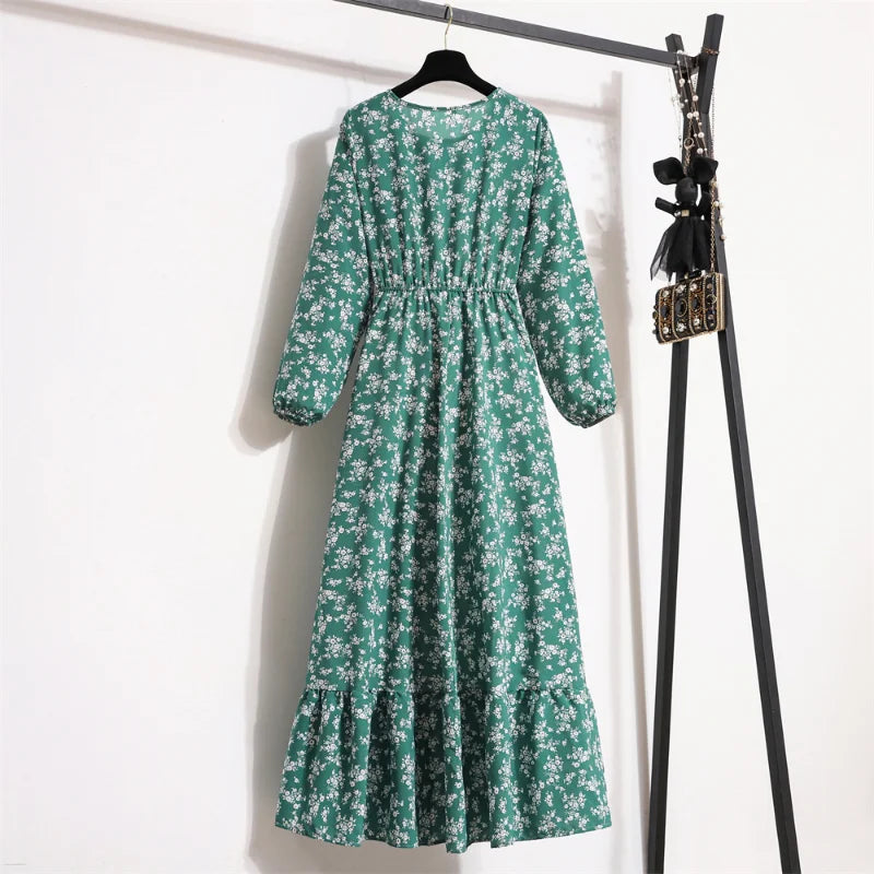 Autumn Spring Chiffon Dresses Fashion Female Full Sleeve Vintage Printed Floral Casual Long Dress Women Maxi Dresses Vestidoes - Seprincess