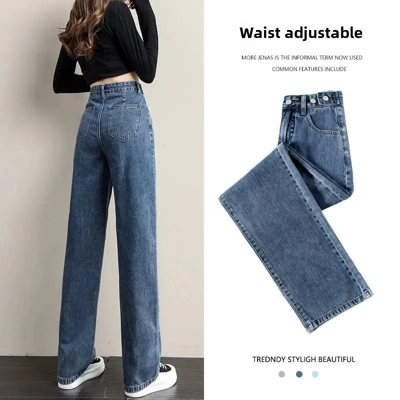 Multi-Button Wide-Leg Women's Jeans New Style Adjustable High-Waisted Straight-Leg Long Pants Loose Fit Niche Style