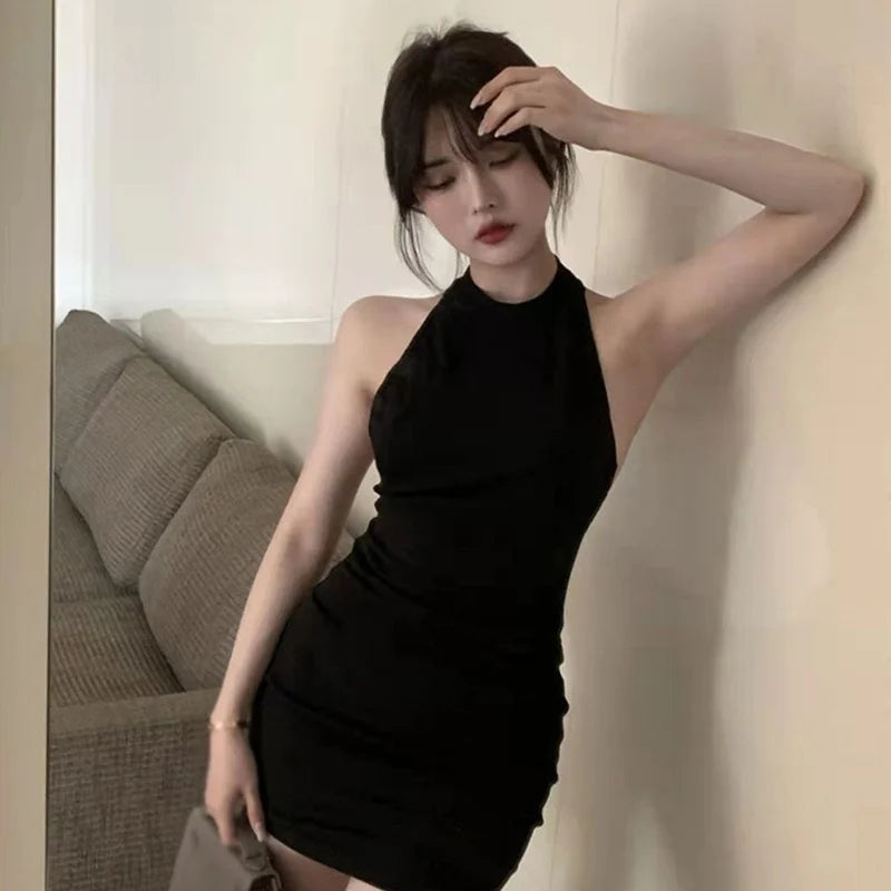 Slim fitting dress Short Backless Hanging neck Solid color Buttocks wrapped Tank top dress Tight fitting Women's dress - Seprincess