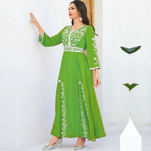 Autumn Embrodiery Eid Muslim Party Dress for Women Jalabiya Abaya Ramadan Long Dresses Abayas Woman Lace-up Caftan Vestidos Robe - Seprincess