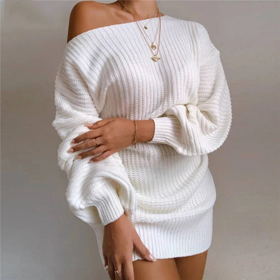 Knitted Sweater Dresses For Women Autumn Winter Loose Off Strapless Female Christmas Party Dresses - Seprincess