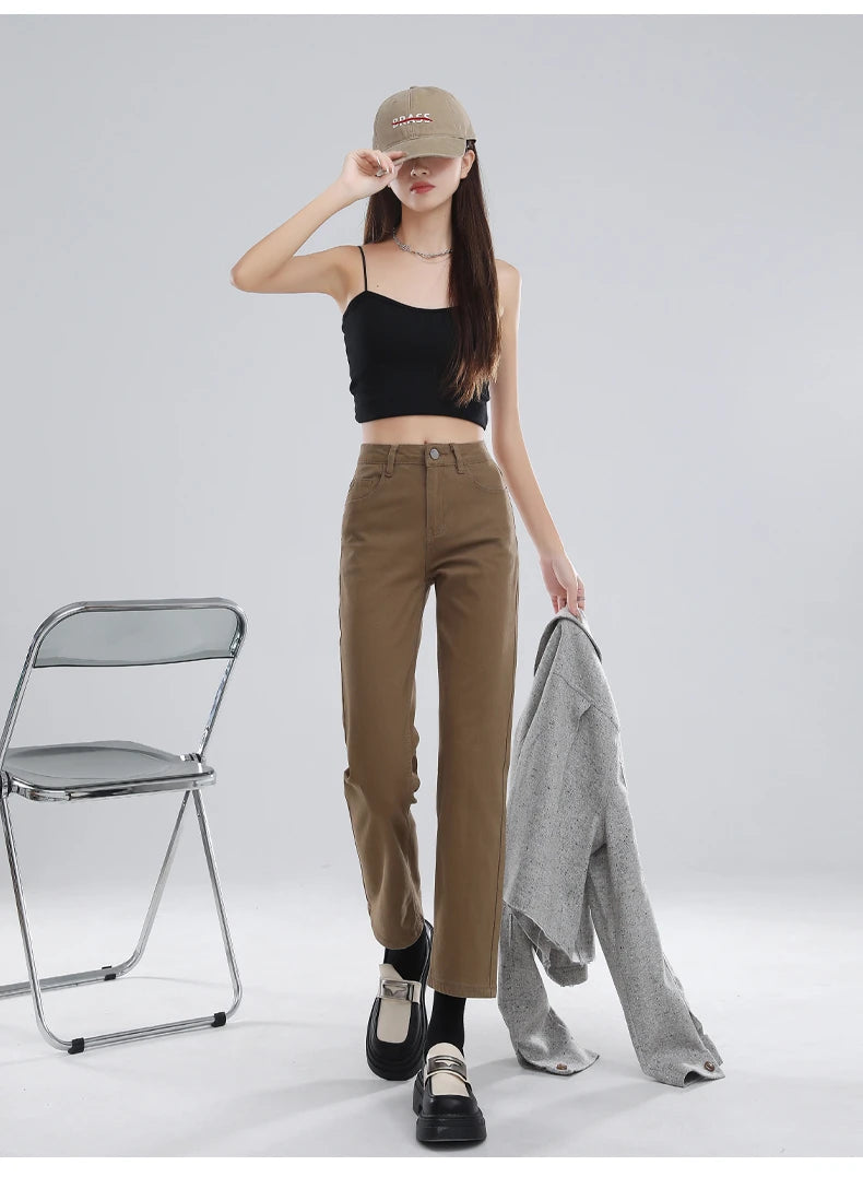 Autumn Popular Beige New Color Denim Jeans Women Niche Design Sense High Waist Straight Korean Classic Jeans For Female