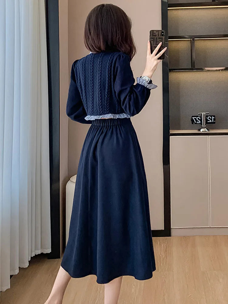 2023 Autumn Fashion Two Pieces Set Korean Women Vintage Ruffles Knitted splicing Shirt Top + A-Line Midi Skirts Elegant Outfits - Seprincess