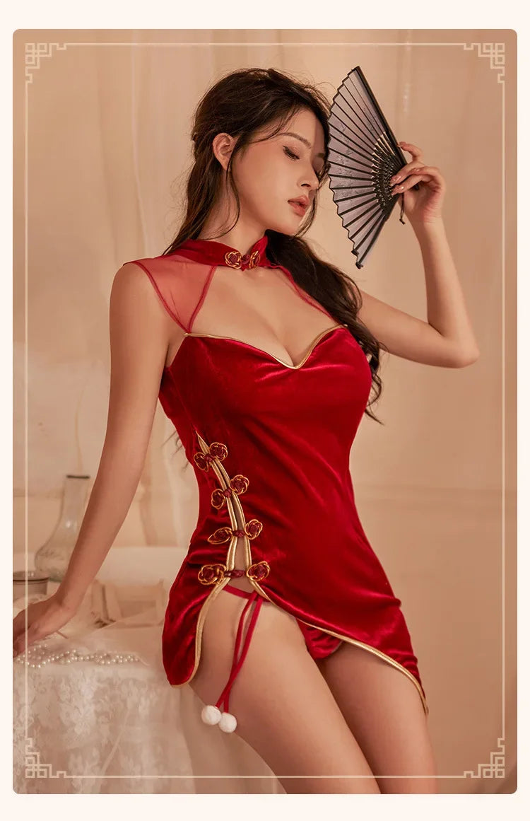 Sexy Cheongsam Vintage Lingerie Dress Women Role Play Underwear Classical Chinese Costume Velvet Qipao High Waist Dresses Strap - Seprincess