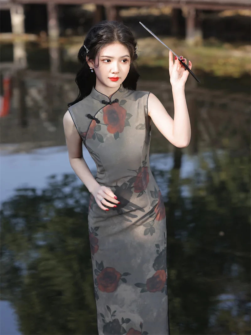 Lady Chinese Style Flower Print Qipao Women Traditional Retro Vintage Cheongsam Elegant Wedding Evening Dress Bodycon Vestidos - Seprincess