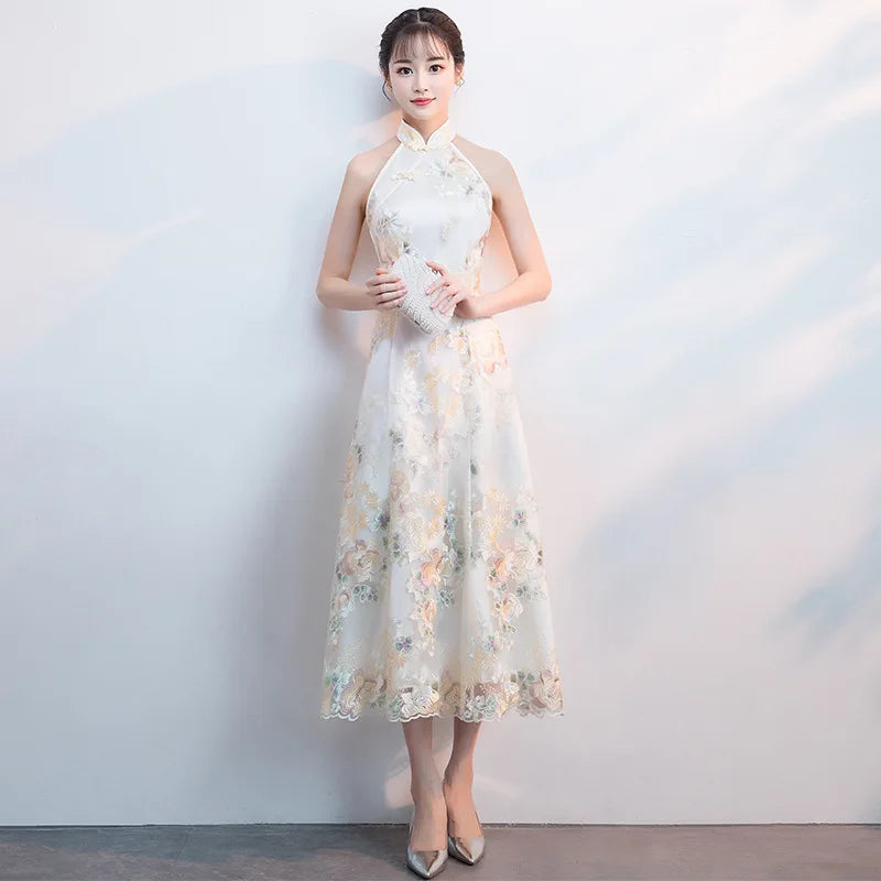 Champagne Sweet Elegant Bridesmaid Dress Women Temperament Formal Party Gown Exquisite Floral Embroidery Novelty Cheongsam - Seprincess