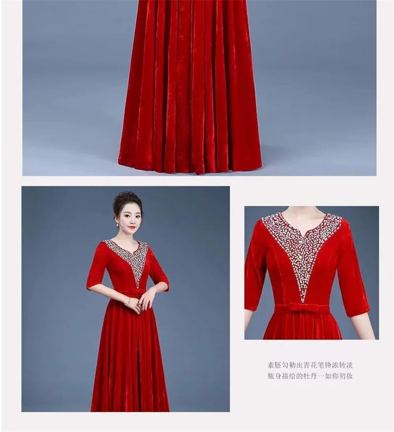 Golden Velvet Chorus Performance Dress New Year Eve Spring Festival Gala Women Chinese Slim Fit Mother Chorus Conductor Clothing - Seprincess