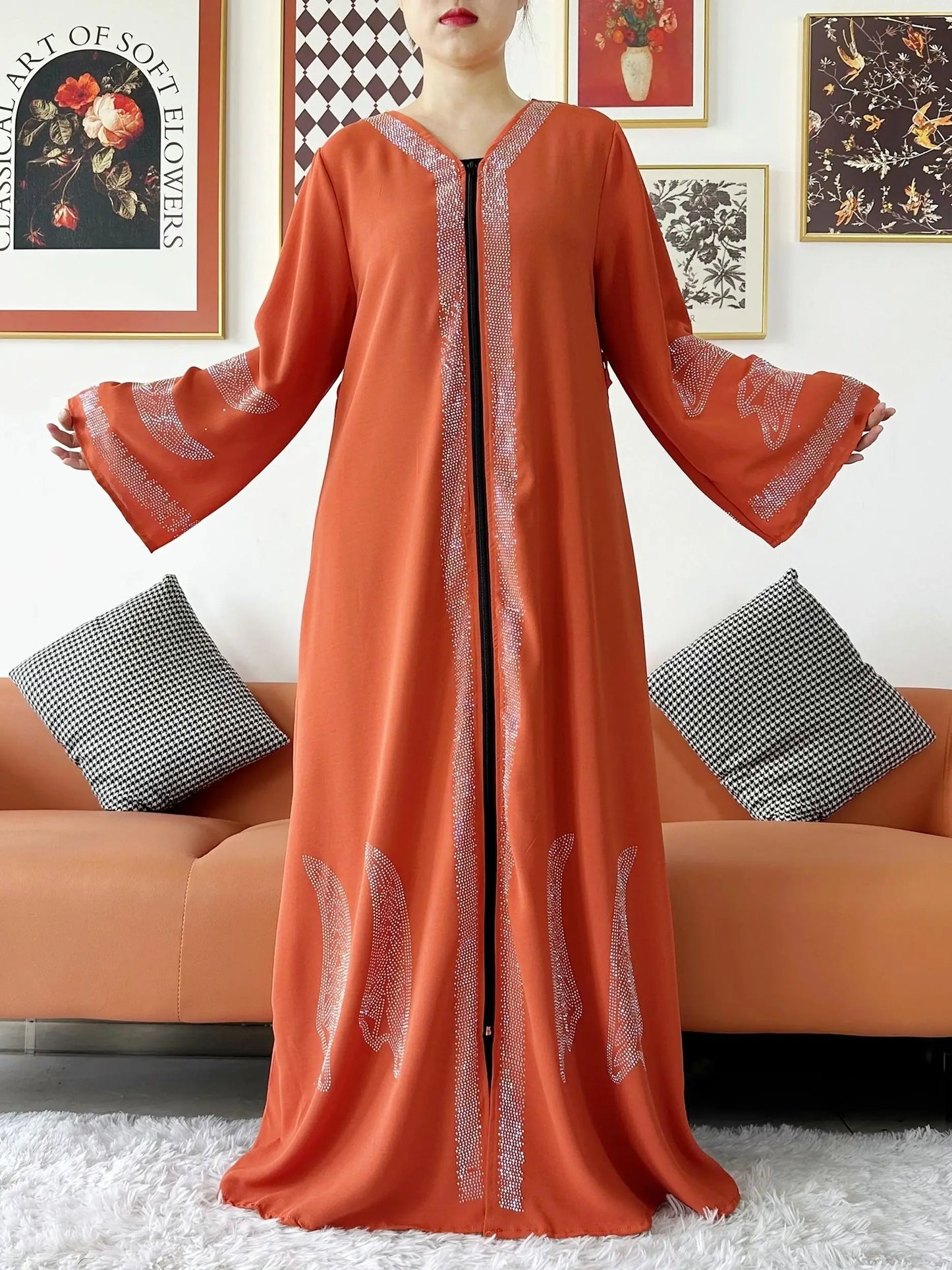 New Women Elegant Dress Chiffon Open Abaya with Zipper Muslim Women Dress Islamic Clothing Cardigan Abaya Women Muslim Dress