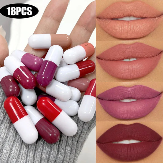 18-color Capsule Lipstick Set Waterproof Non-stick Cup Solid Lip Gloss Mini Long Lasting Matte Nude Lipstick Women Lips Makeup - Seprincess