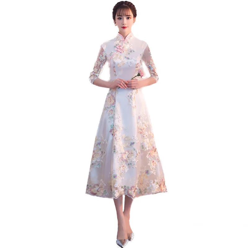 Champagne Sweet Elegant Bridesmaid Dress Women Temperament Formal Party Gown Exquisite Floral Embroidery Novelty Cheongsam - Seprincess