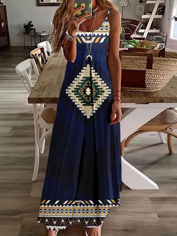 Summer Casual Everyday Women's Halter Dress Vintage Ethnic Print Dress Street Fashion Sleeveless Dress Holiday Party Long Dress - Seprincess