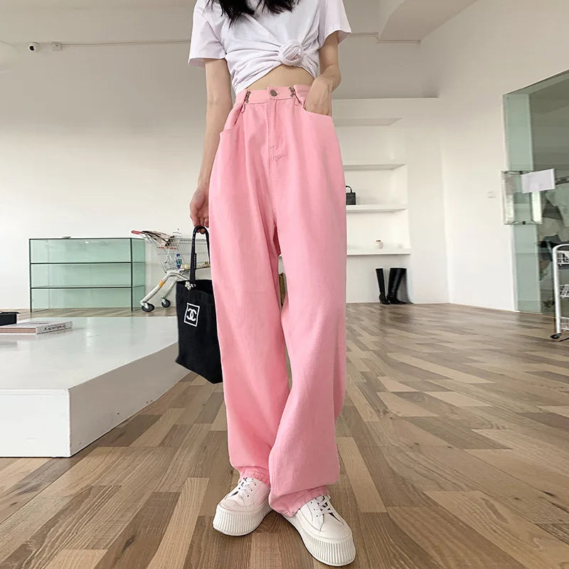 Spring Autumn High Street Network Red Denim Pants Female Y2k Korean Version High Waist Loose Leg Straight Leg Mopping Pants Tide