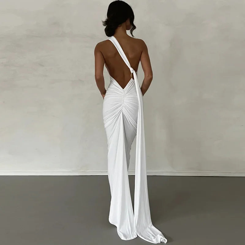 Womens Elegant Evening Party Cocktail Long Dress Sexy Backless Open Back Ruched Slim Bodycon Formal Wedding Guest Maxi Dress