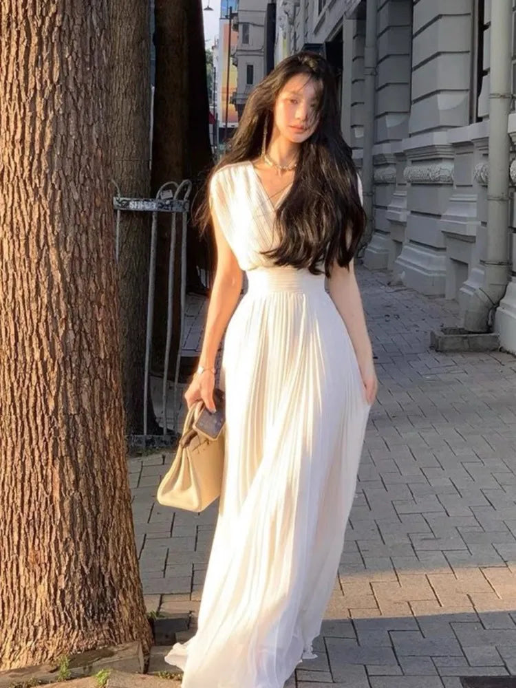 2024 Summer Solid Pleats Long Dresses French Elegant V Neck Holiday Party Vestidos Women High Waist Wedding Robe Ladies Clothes - Seprincess