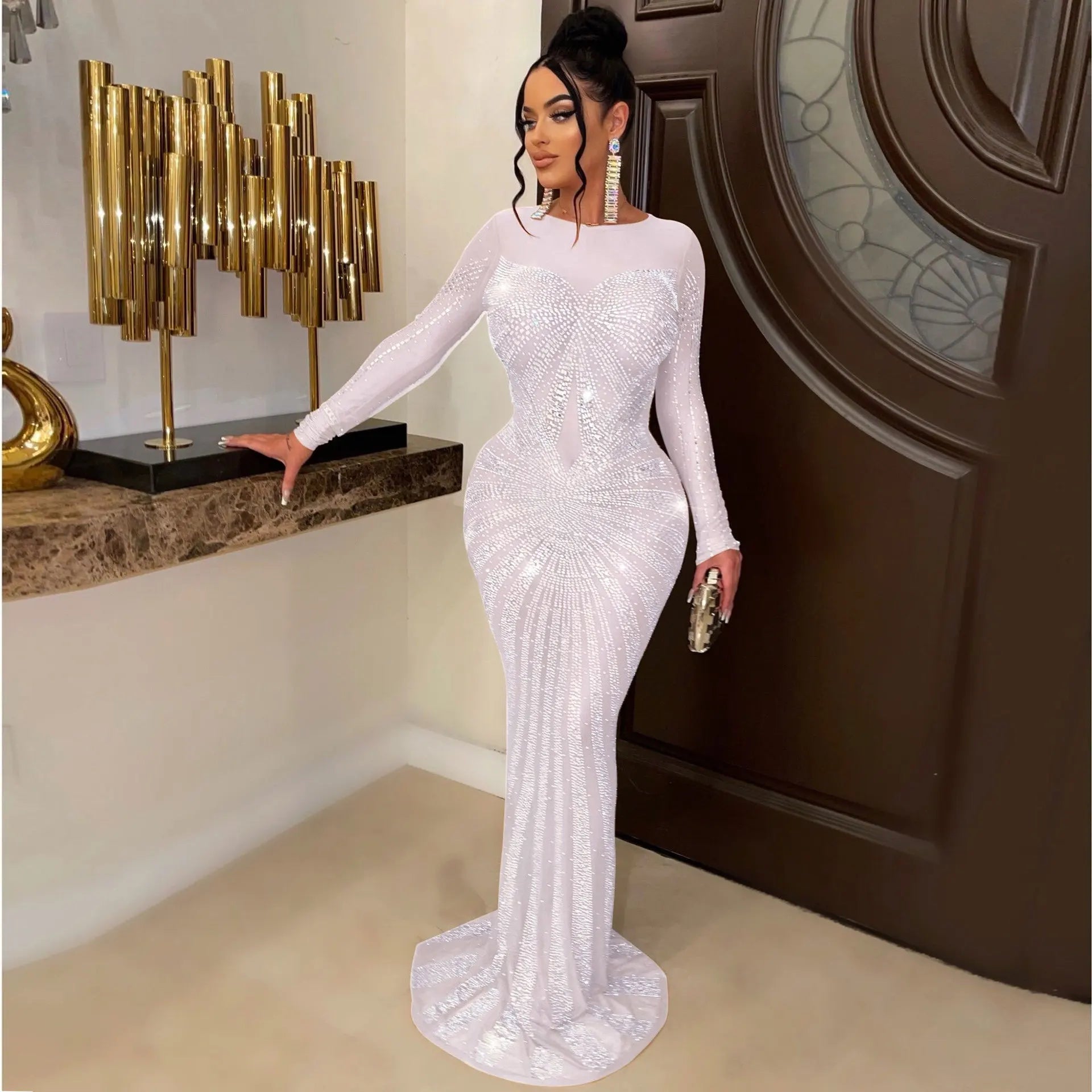 Sexy Rhinestone Crystal Mesh See Through Maxi Dress New Women Long Sleeve Birthday Night Clubwear Long Dress Wedding Party Dress - Seprincess