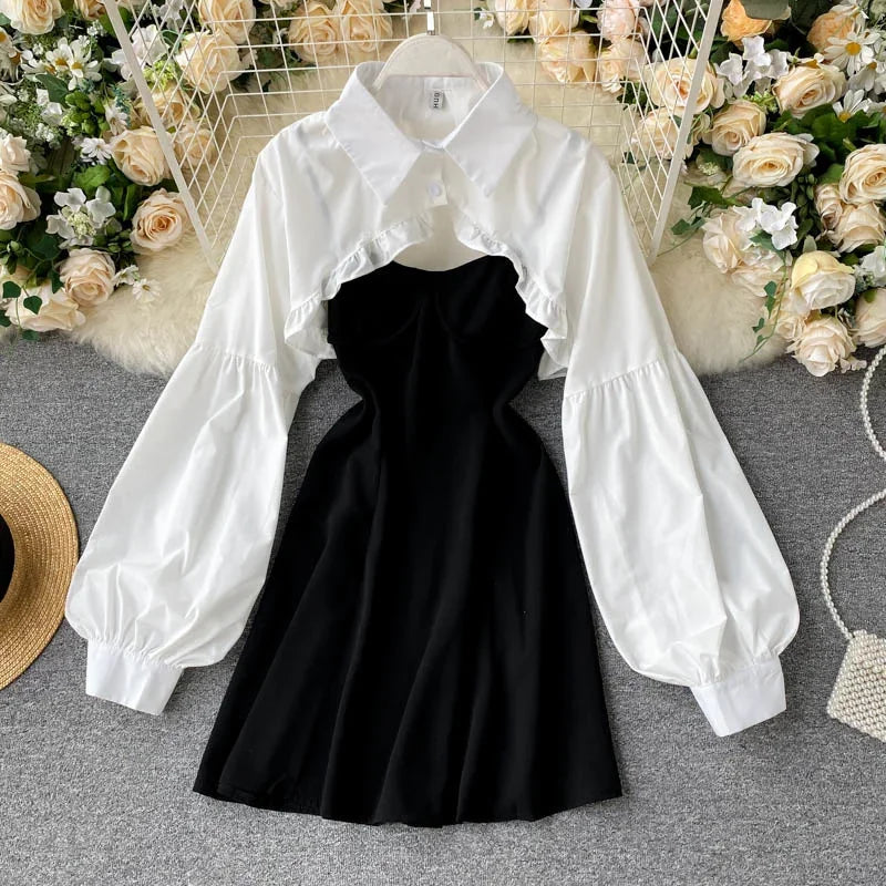 Autumn Women Sexy Black Spaghetti Strap Dress and White Long Sleeve Blouses Crop Tops Korean Fashion Mini Vestidos - Seprincess