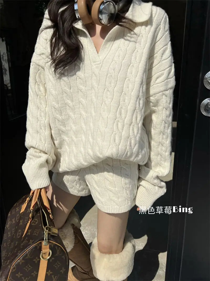 Korean Style Premium Knited Sweater Loose Casual Polo Neck Pullover Women Top Shorts Autumn WinterTwo Piece Set Women Outfits - Seprincess