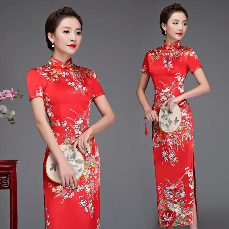 Old Shanghai Elegant Women Satin Qipao Slim 3/4 Sleeve Long Dress New Traditional Chinese Mandarin Collar Cheongsam Vestidos - Seprincess