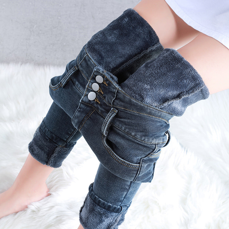 Women Thermal High Waist Jeans Winter Snow Warm Plush Stretch Jeans Lady Skinny Thicken Students Denim Pants Fleece Fur Trousers